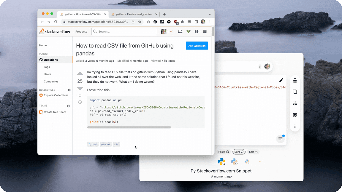 Saving code from Stack Overflow using the Pieces Chrome extension.