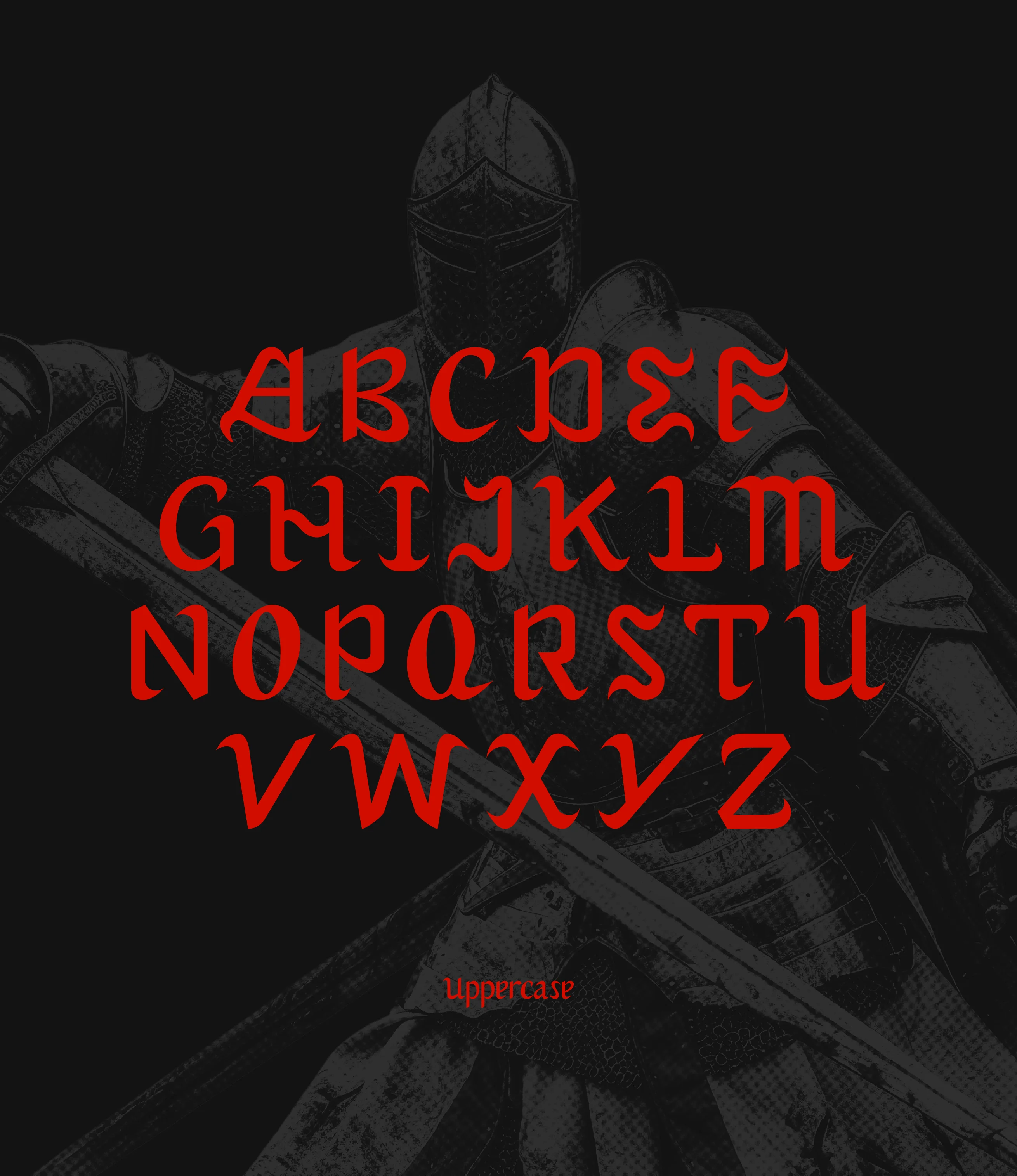 Un alphabet en lettres rouges, dans un style gothique, est superposé à l’image sombre d’un chevalier en armure. Le mot « uppercase » apparaît en bas.
