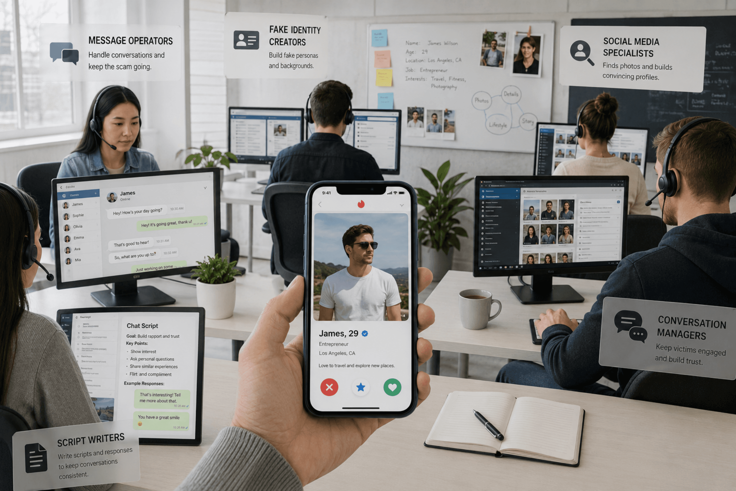 Behind-the-scenes view of a romance scam network where scammers create fake dating profiles, manage conversations, develop fabricated personas, and coordinate social engineering tactics to deceive victims.