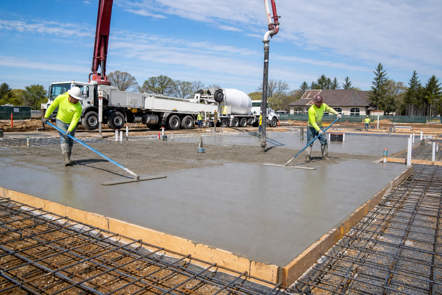 Concrete slab foundation being poured for a new construction custom home in North Carolina
