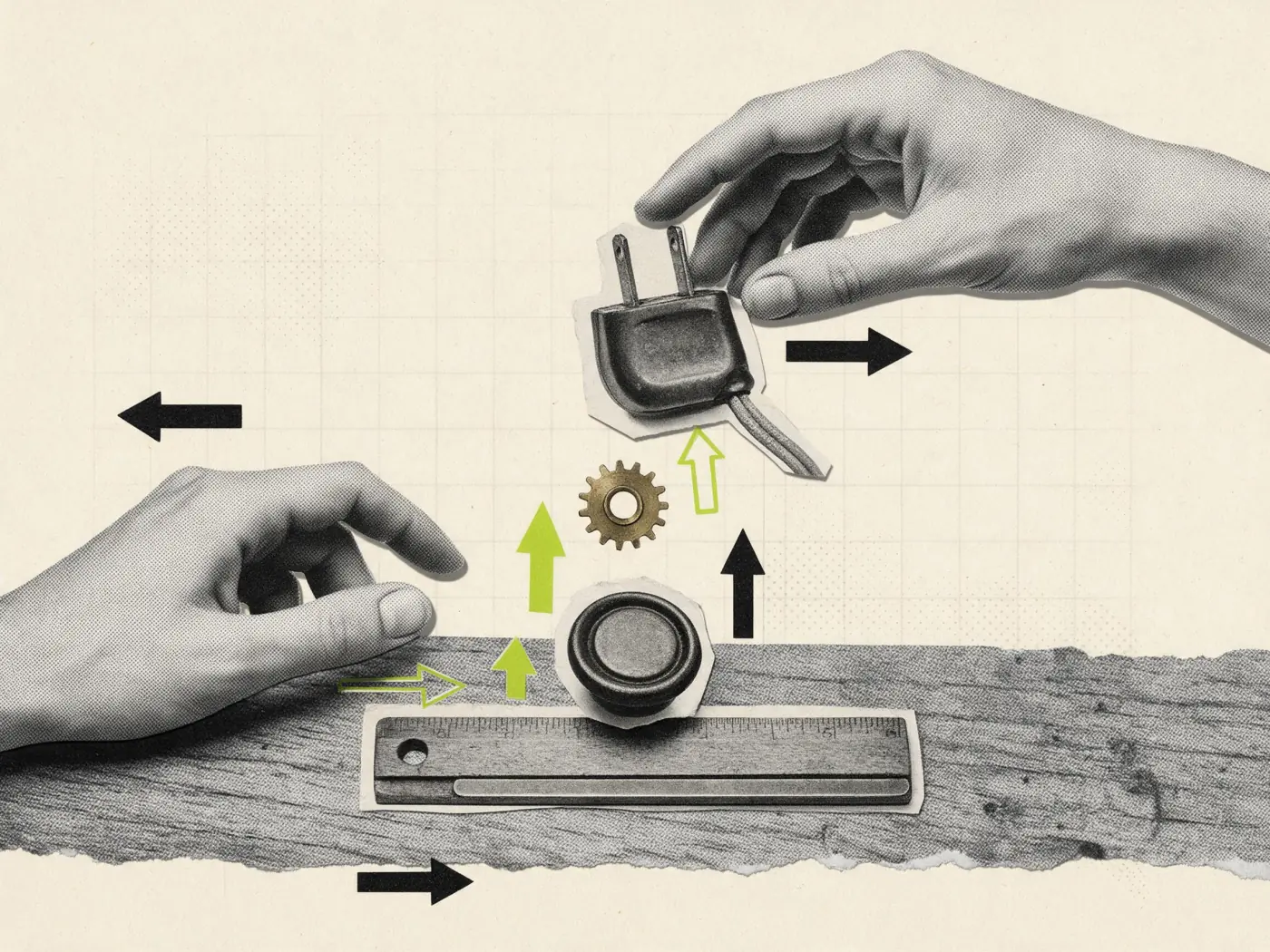 Colagem vintage com mãos empilhando régua, tecla, engrenagem e tomada como camadas de uma landing page