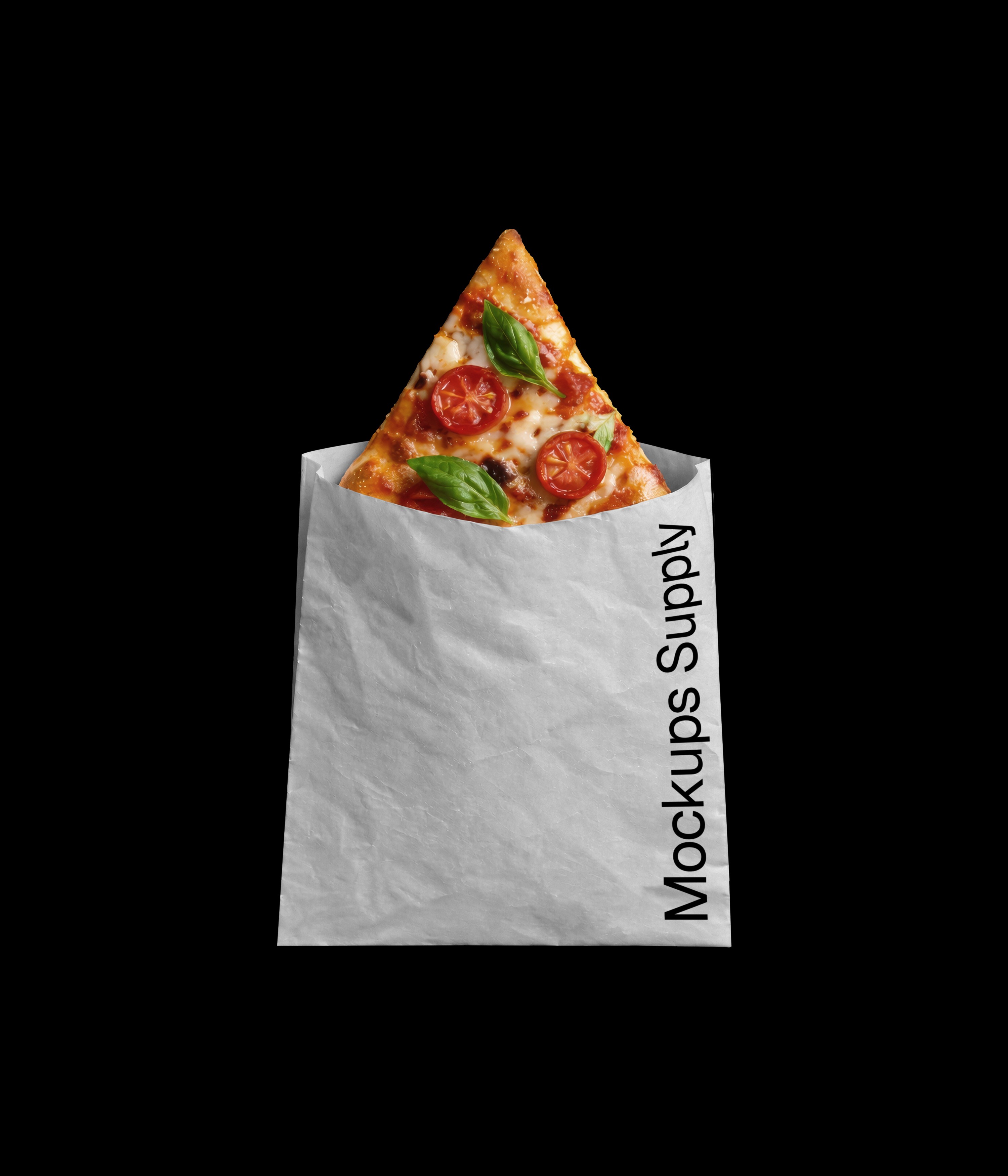 Pizza slice in paper bag mockup on dark background download PSD on Mockups Supply
