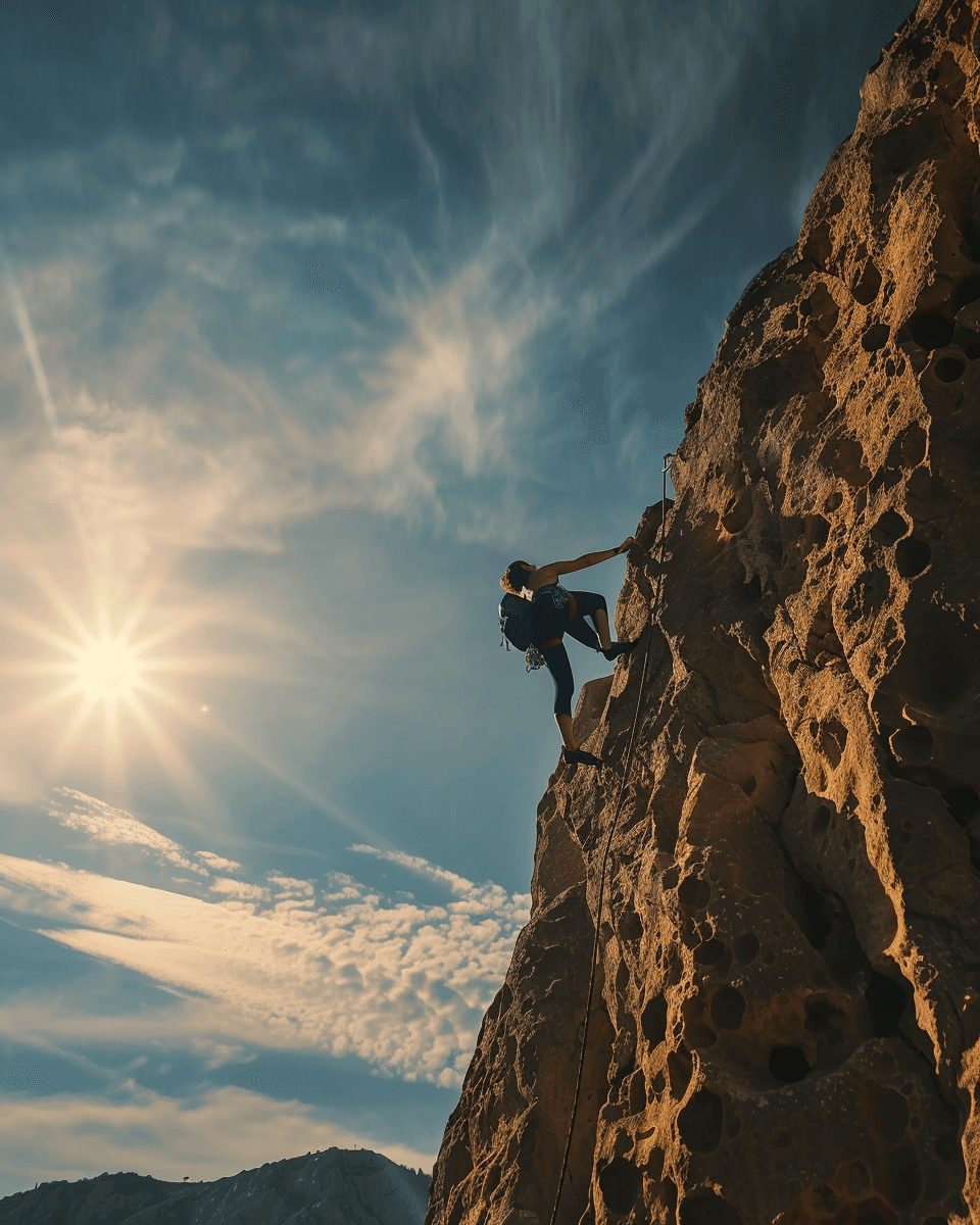 Climber scaling rock wall, representing focus, persistence, and building attention through mental discipline.