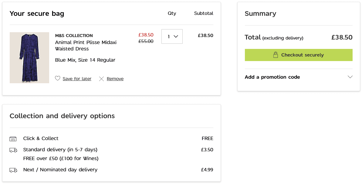 Solution shopping cart abandonment: example Marks & Spencer