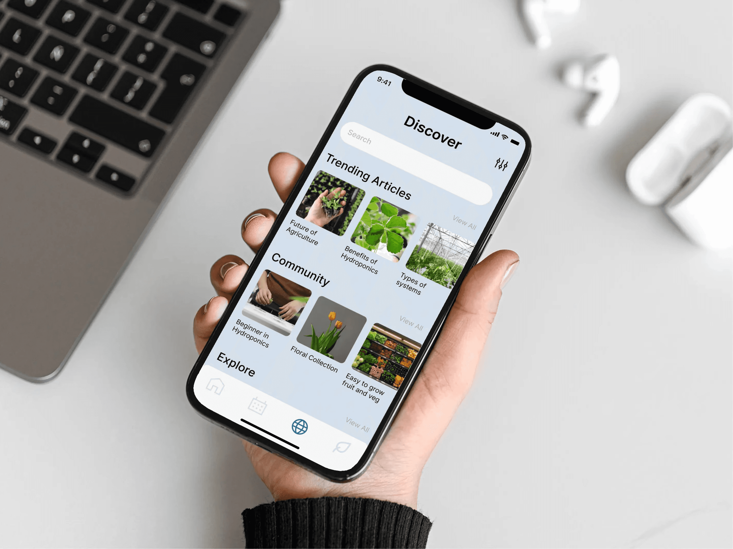 hydroponics app community screen mockup