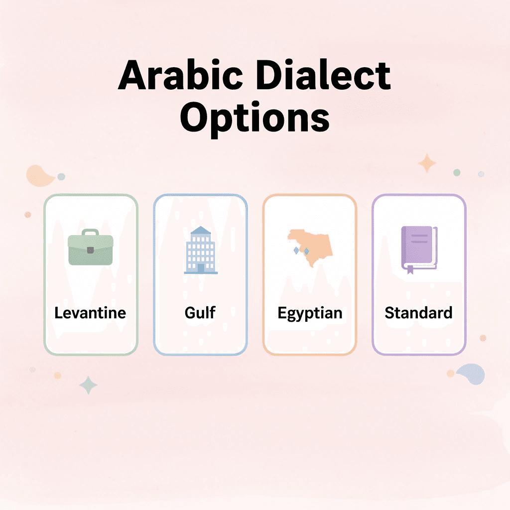 Four cards showing different Arabic dialect options