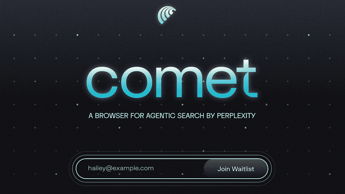 Text auf dunklem Sternenhintergrund: „comet: A browser for agentic search by Perplexity“. Darunter E-Mail-Feld und Button „Join Waitlist“.