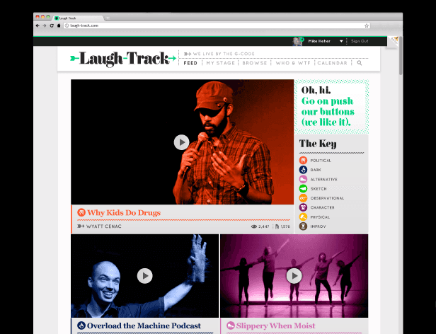 A screenshot of a Laugh-Track website shows a webpage with a black background and a white header bar. The header bar includes “Laugh-Track” text, a green arrow, a search bar, and a sign-in button. The main content area displays a video player showing a man in a red plaid shirt holding a microphone, with a play button and a text box labeled “Oh, hi. Go on push our buttons we like it.” Below the video are sections titled “Why Kids Do Drugs” and “Slippery When Moist,” each with play buttons. The right sidebar lists categories including “Political,” “Dark,” “Alternative,” “Sketch,” “Observational,” “Character,” “Physical,” and “Improv.” The website’s footer includes navigation links and a copyright notice.
