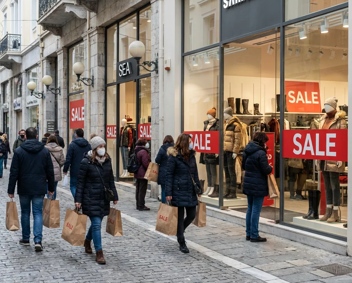 Lively winter shopping scene in Greece during seasonal sales with shoppers browsing clothing and footwear stores.