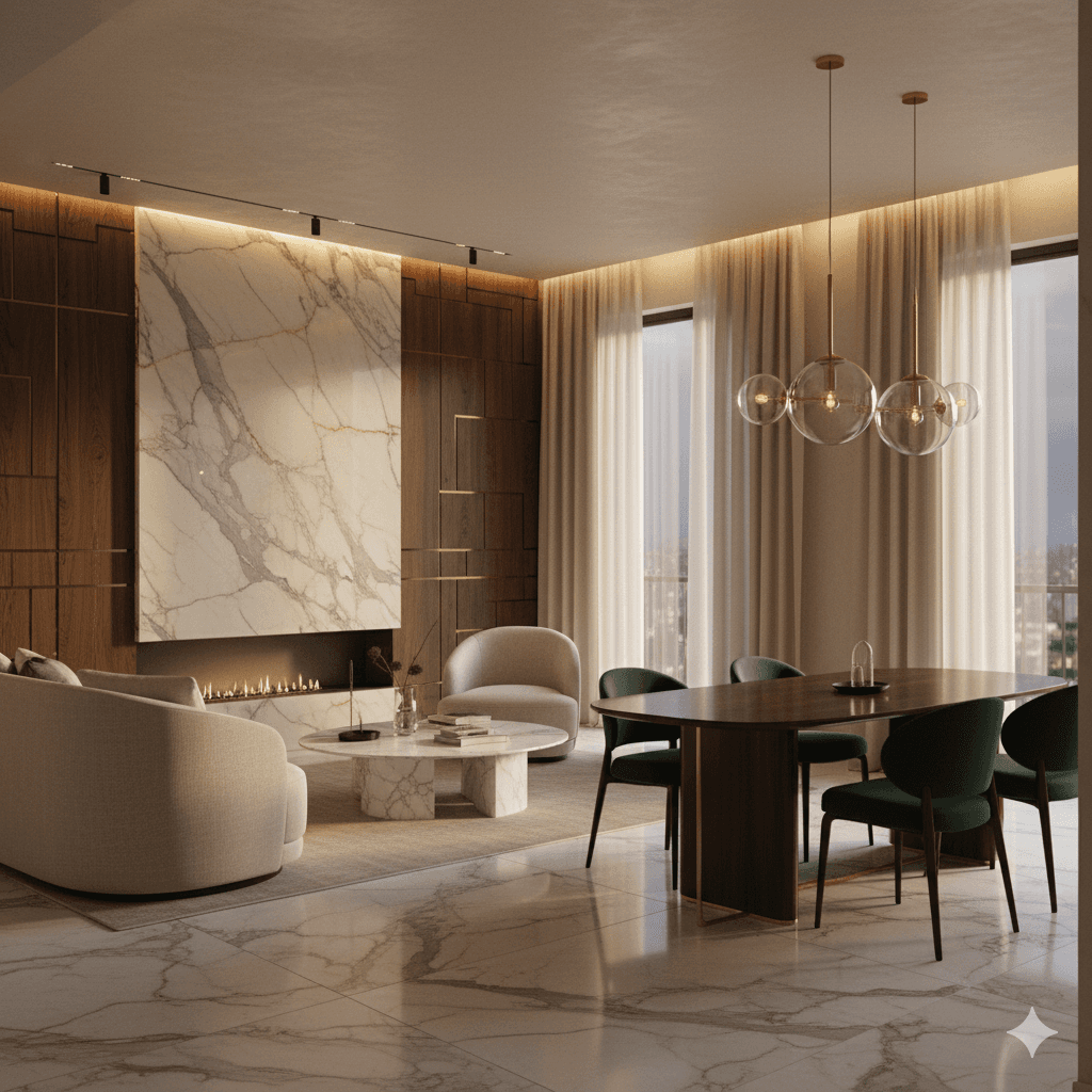Close-up of premium Italian marble flooring and high-end finishes in a luxury residence at M3M International City