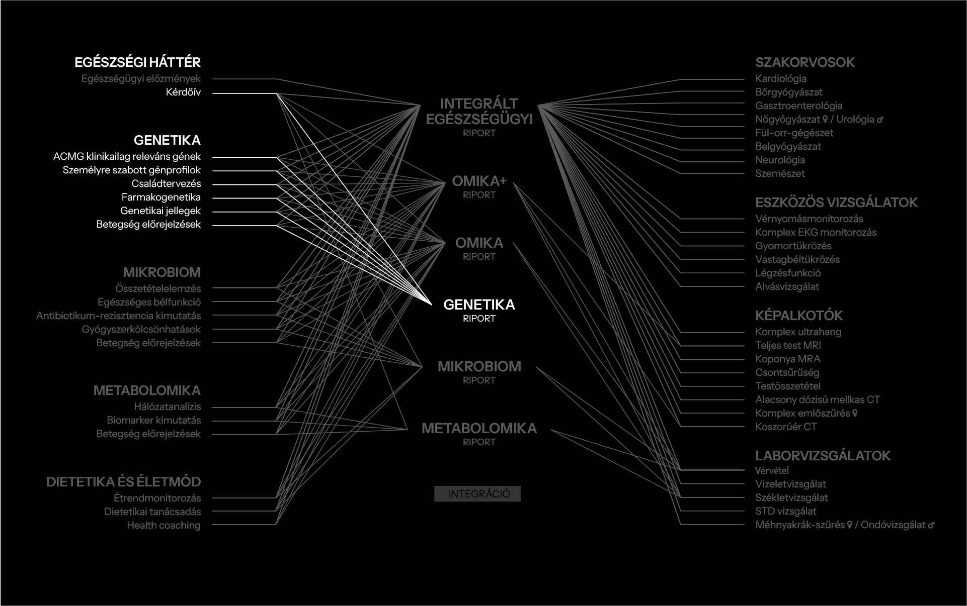 The image depicts a complex network diagram titled "Integrált Egészségügy," showcasing interconnected pathways among various health-related categories including genetics, omics, microbiome, metabolomics, diet and lifestyle, and specialized diagnostics.