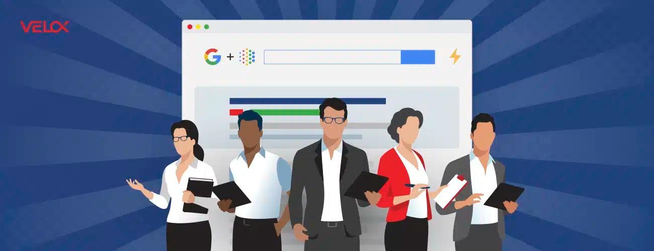 A graphic displaying 5 characters in front of a Google search page with a blue light shining background