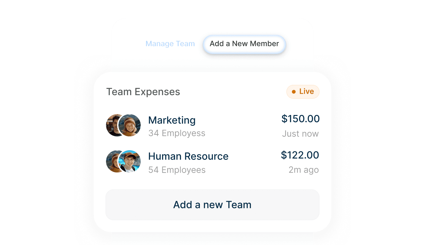 Team expenses dashboard showing Marketing at $150.00 and Human Resources at $122.00 with employee counts and timestamps.