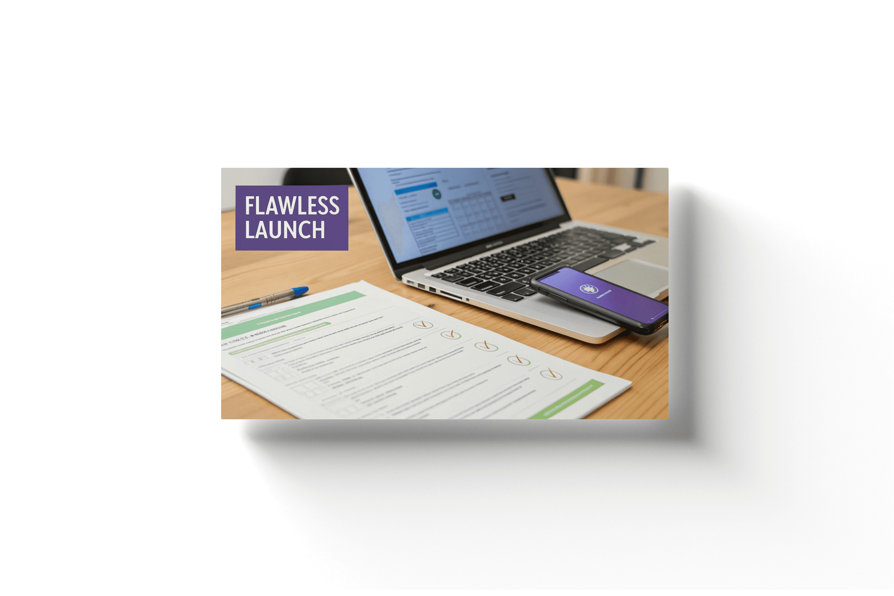 a organized desktop with a laptop and purple banner showing the text 'flawless launch'