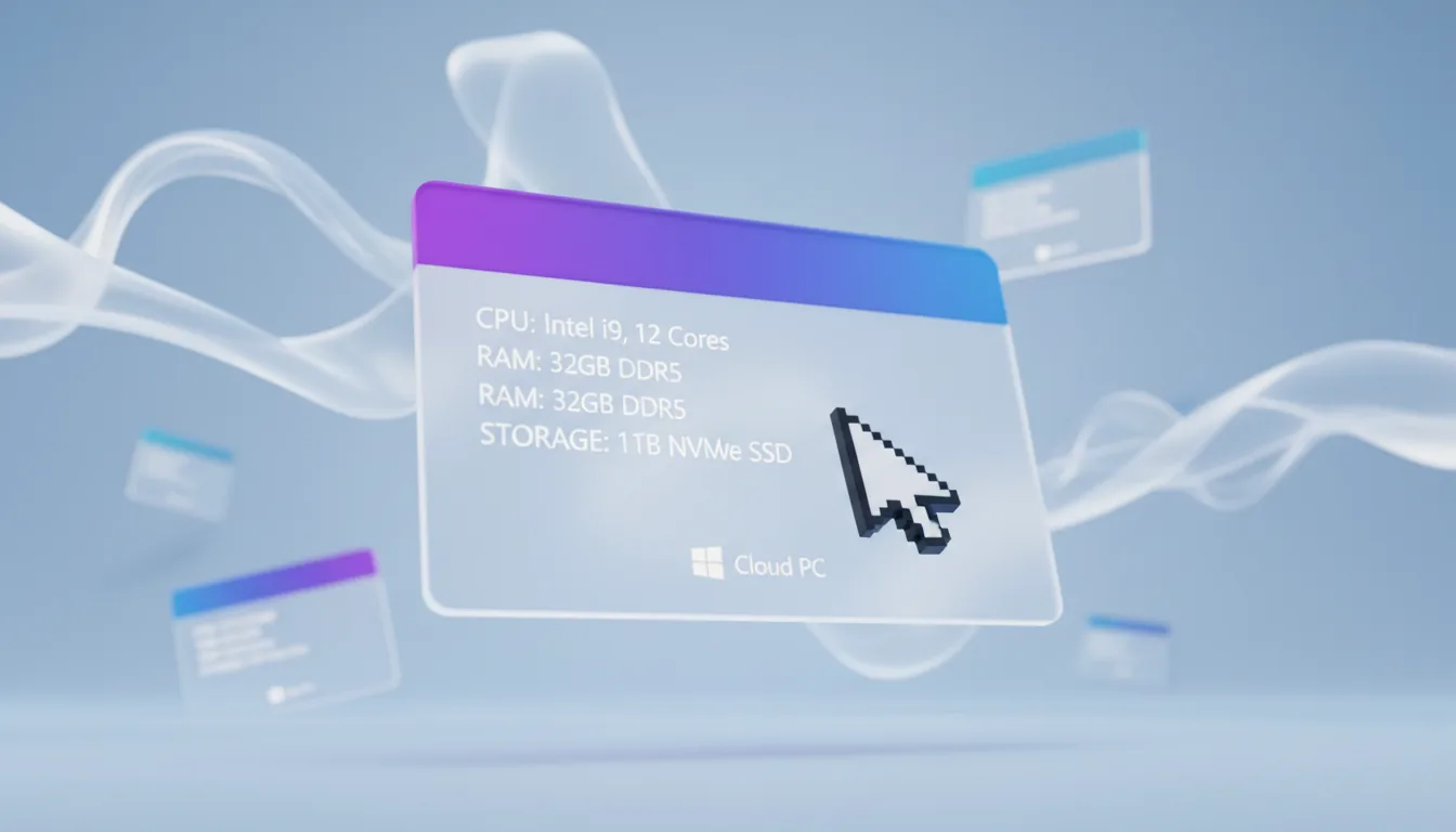 3D render, glassmorphism style, a floating user interface card for a Windows 365 Cloud PC, dynamic perspective. The central card is in sharp focus, made of a white matte material with a vibrant purple and blue gradient header, displaying UI elements and abstracted text lines for computer specs. The background is an abstract, light-blue environment with soft, blurred ribbon-like shapes and other out-of-focus cards, creating a strong depth of field. Soft global illumination and subtle floating shadows. A large black and white mouse cursor hovers in the scene.