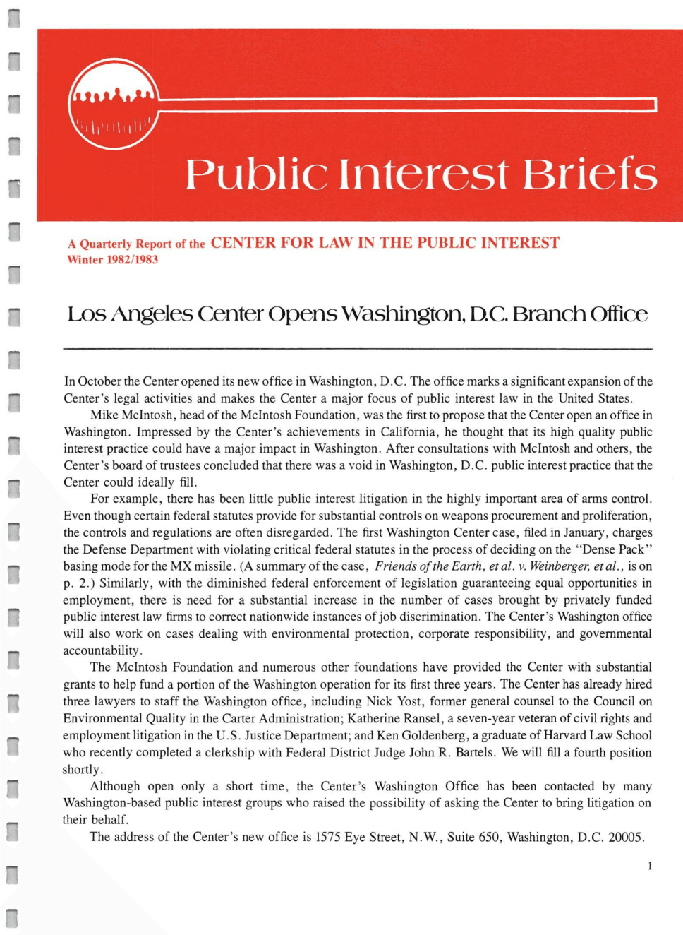 Cover of Center for Law In The Public Interest's Quarterly Report, Winter 1982:1983 Edition Public Interest Briefs