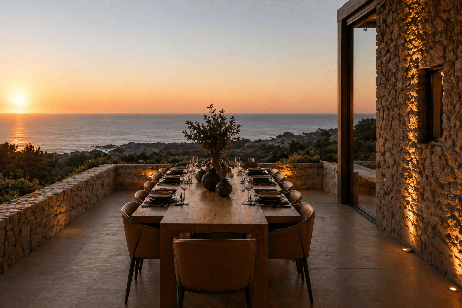 A serene outdoor dining area with wooden furniture overlooks a sunset over the ocean.
