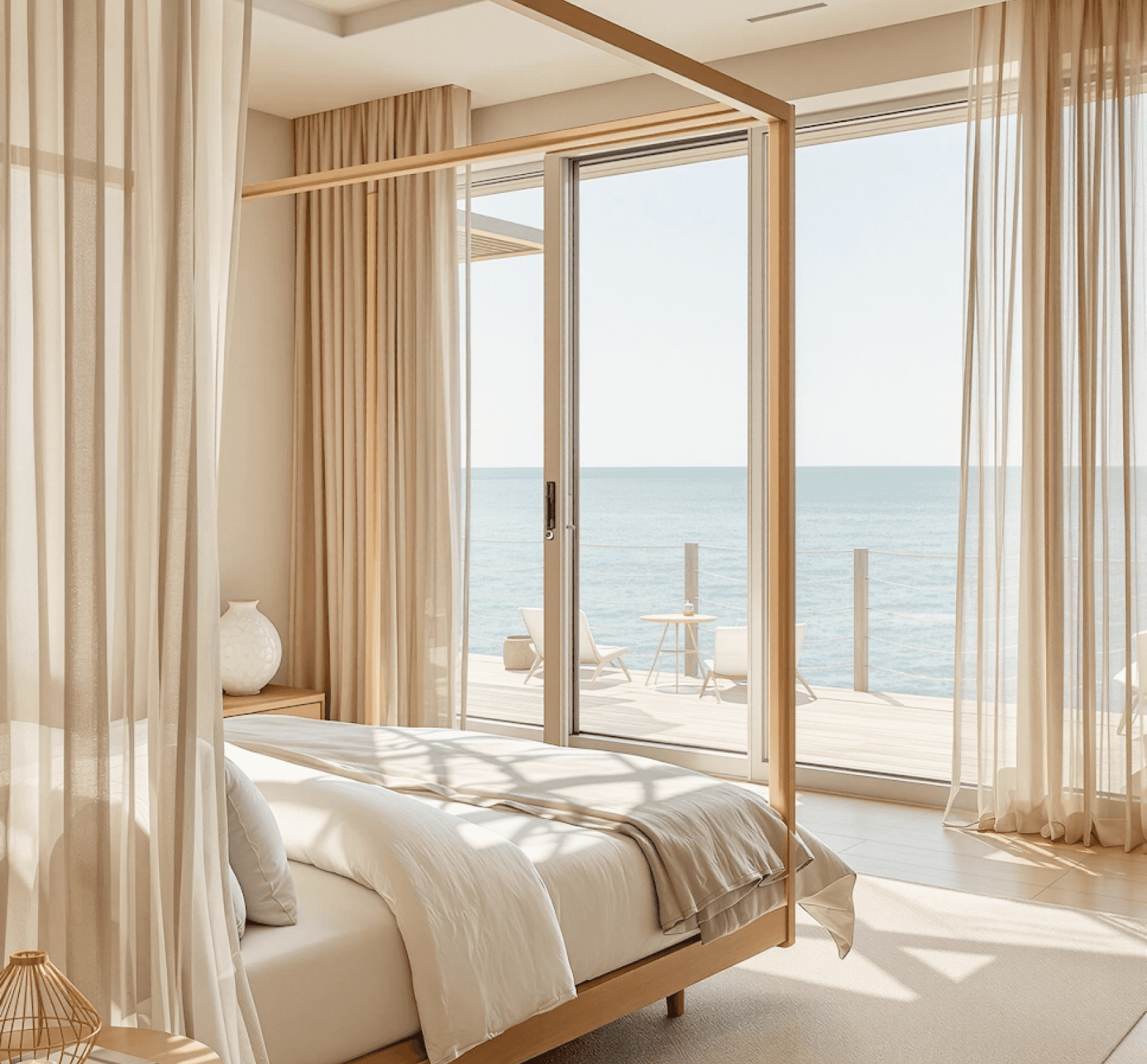Serene bedroom with ocean view, soft neutral tones, and a cozy bed near glass doors.