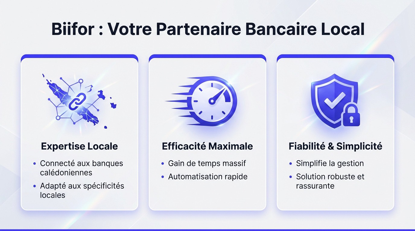 Interface de Biifor montrant la synchronisation avec les banques de Nouvelle-Calédonie