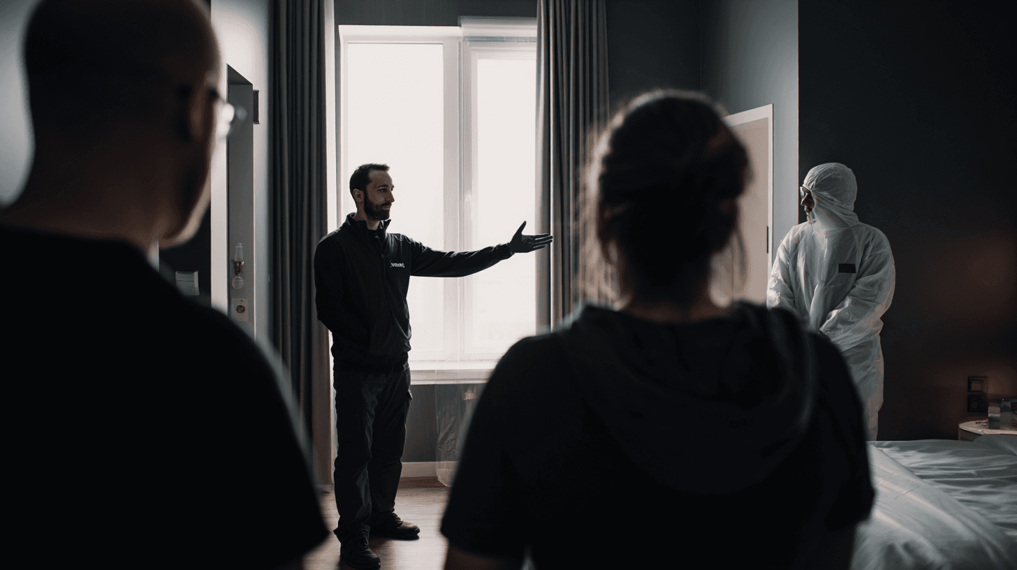 Pest control specialists explaining disinfection procedures to hotel staff in a guest room