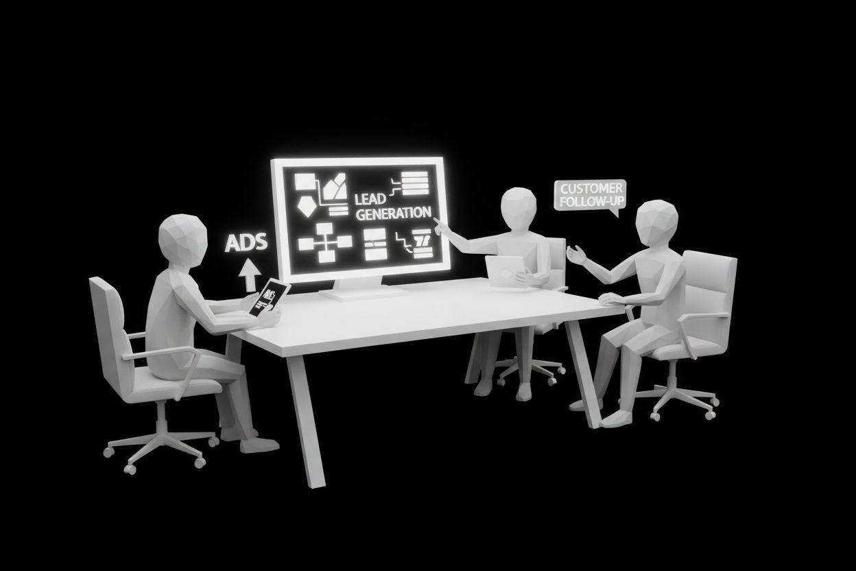 A marketing team planning lead generation, ads, and customer follow-up at a desk