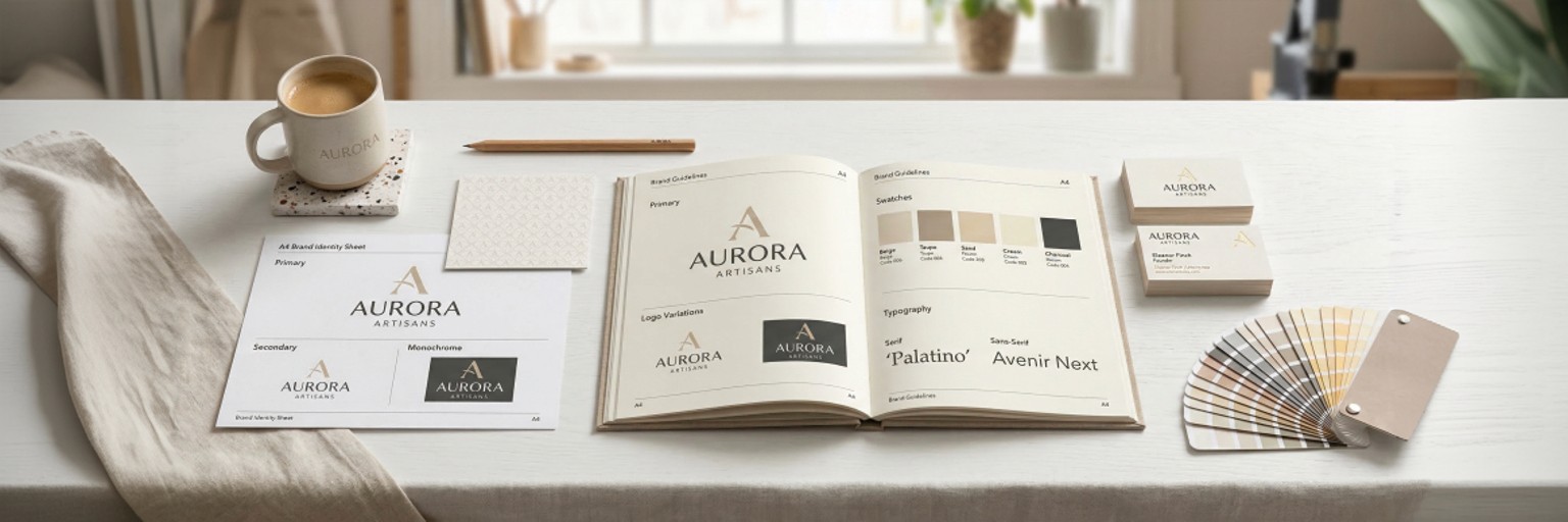 Brand identity system flat lay showing logo variations, colour palette swatches, typography, brand guidelines, and business cards — branding agency services — Penguincil Design