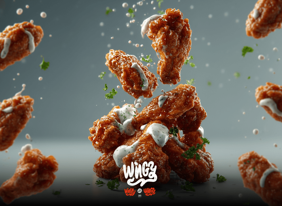Kinematische Food-Fotografie zeigt schwebende Buffalo Wings mit Ranch-Dressing für Restaurant-Kampagne