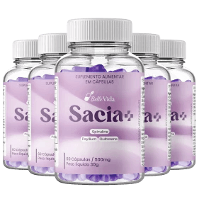Frascos do suplemento Sacia+ alinhados, destacando a embalagem e a identidade do produto.