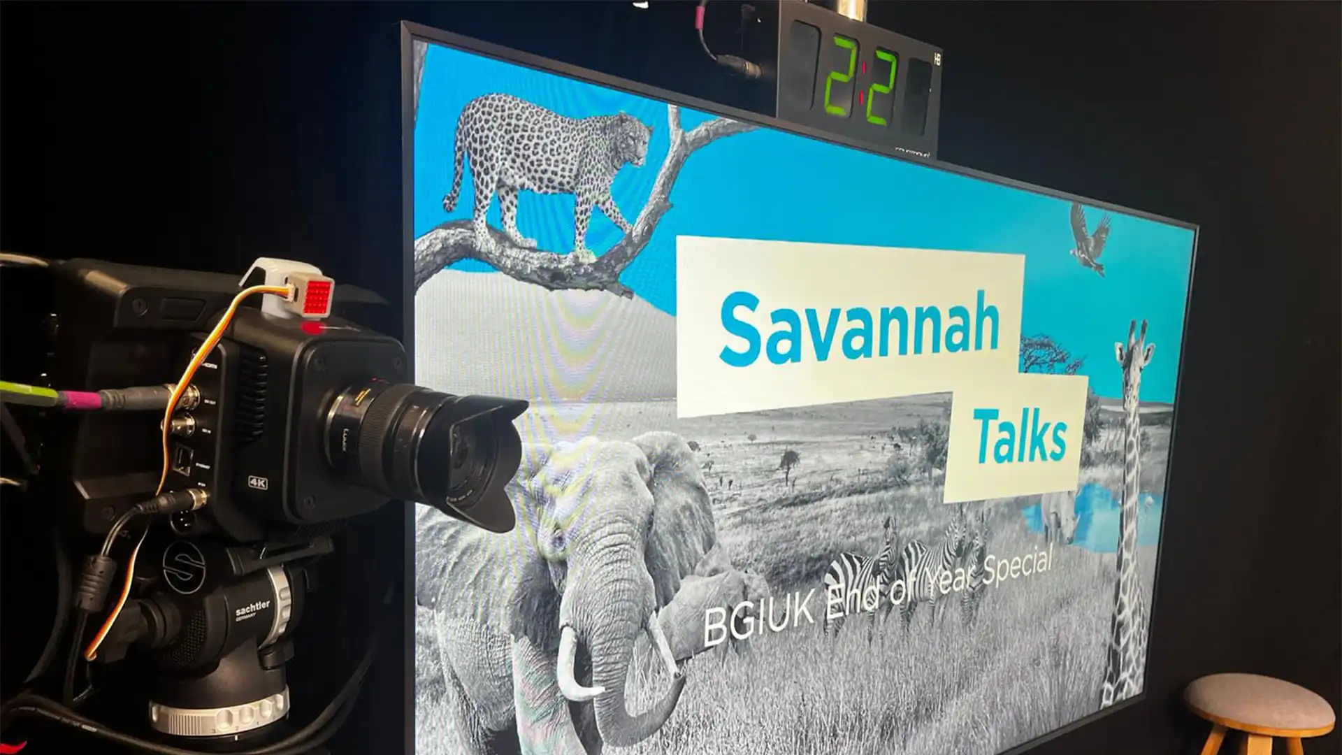 Presenter timing monitor displaying the Savannah Talks livestream branding and countdown clock to help speakers stay on schedule during the broadcast.