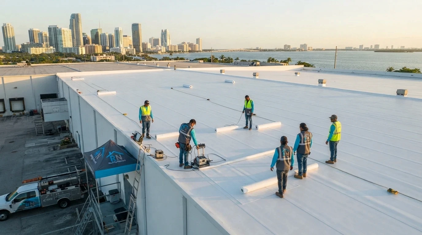 Roofing Network crew installing a TPO commercial roof on a Miami warehouse