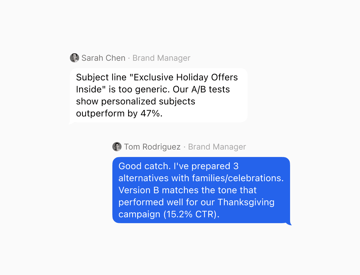 Conversation discussing improving email subject lines.