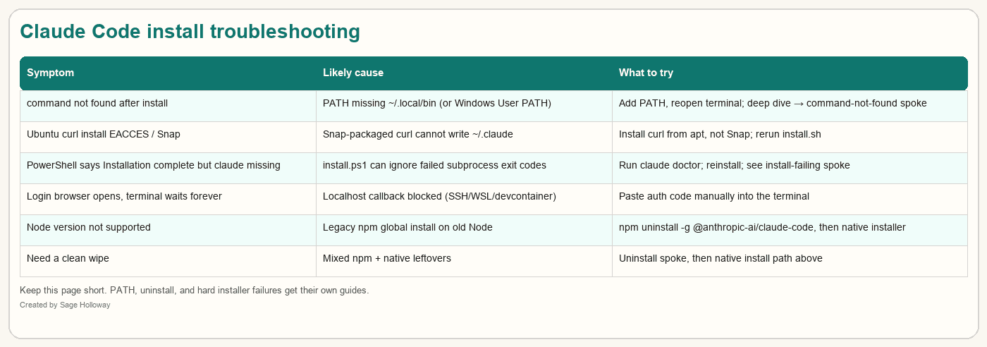 Troubleshooting table for Claude Code install failures