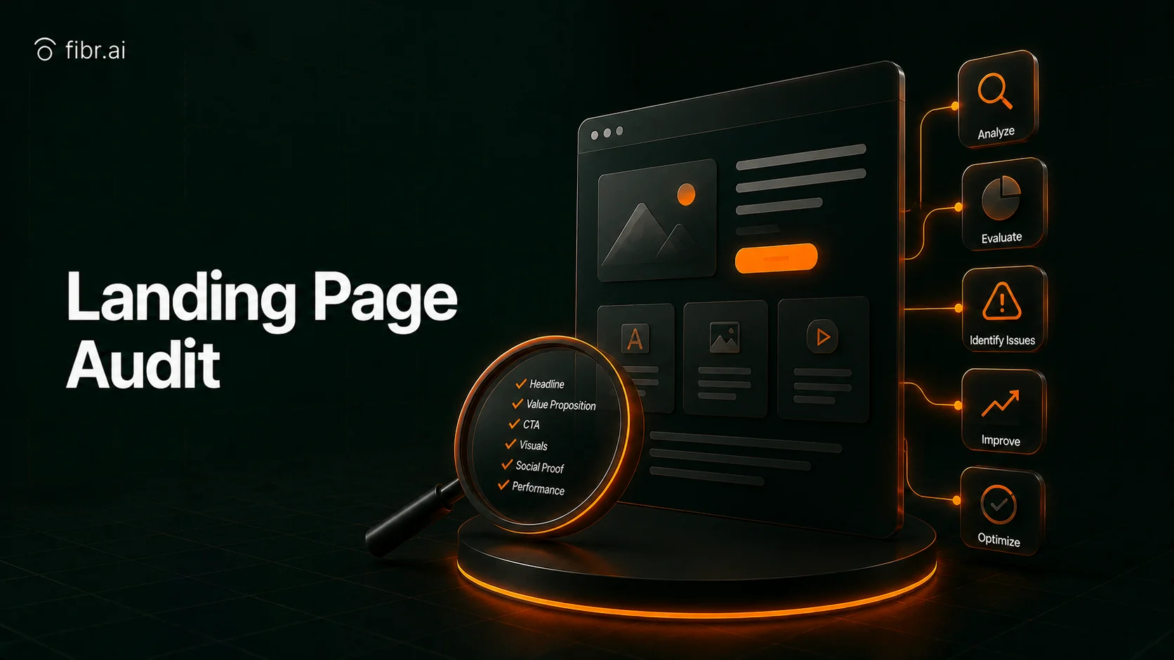 Landing page audit visualization with analytics checklist, magnifying glass, and performance optimization workflow