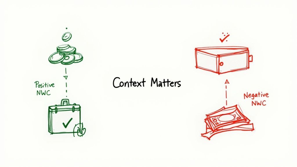 Diagram illustrating the difference between positive and negative net working capital with financial visuals.
