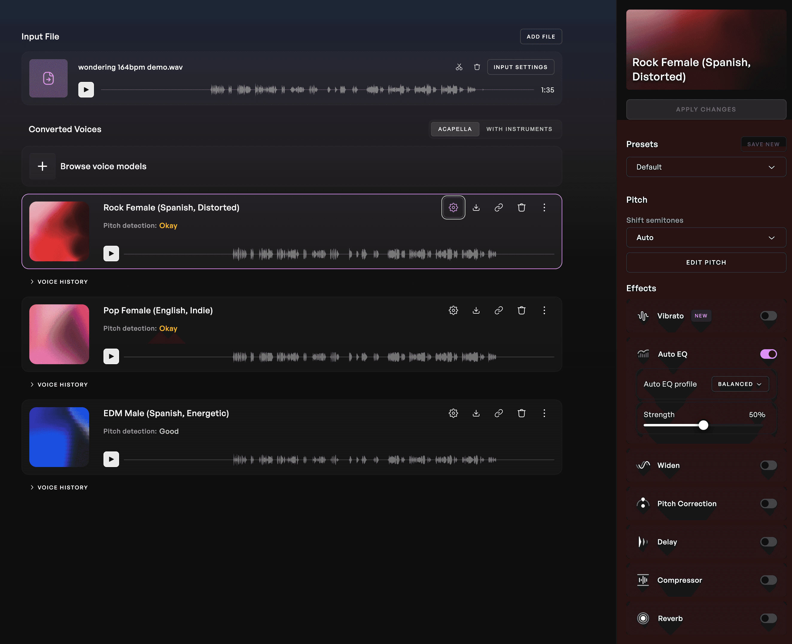 The advanced settings of the Kits AI voice conversion
