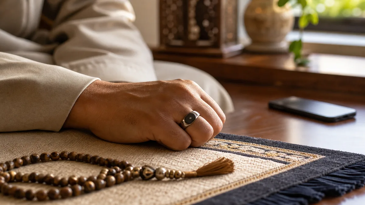 Smart dhikr ring giving a silent prayer reminder beside misbaha beads and a prayer rug