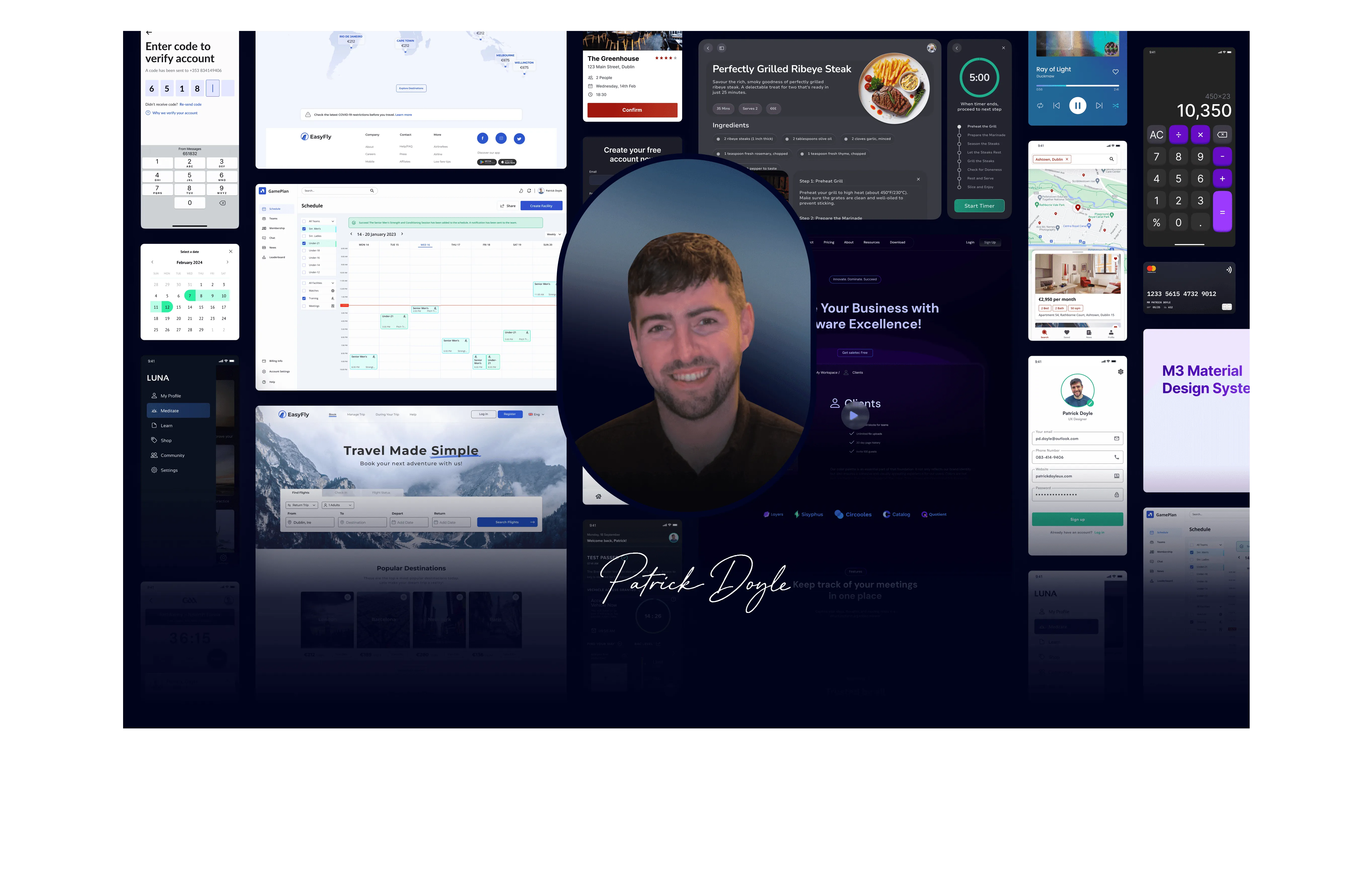 Various app interfaces: login, calendar, food, travel, calculator
