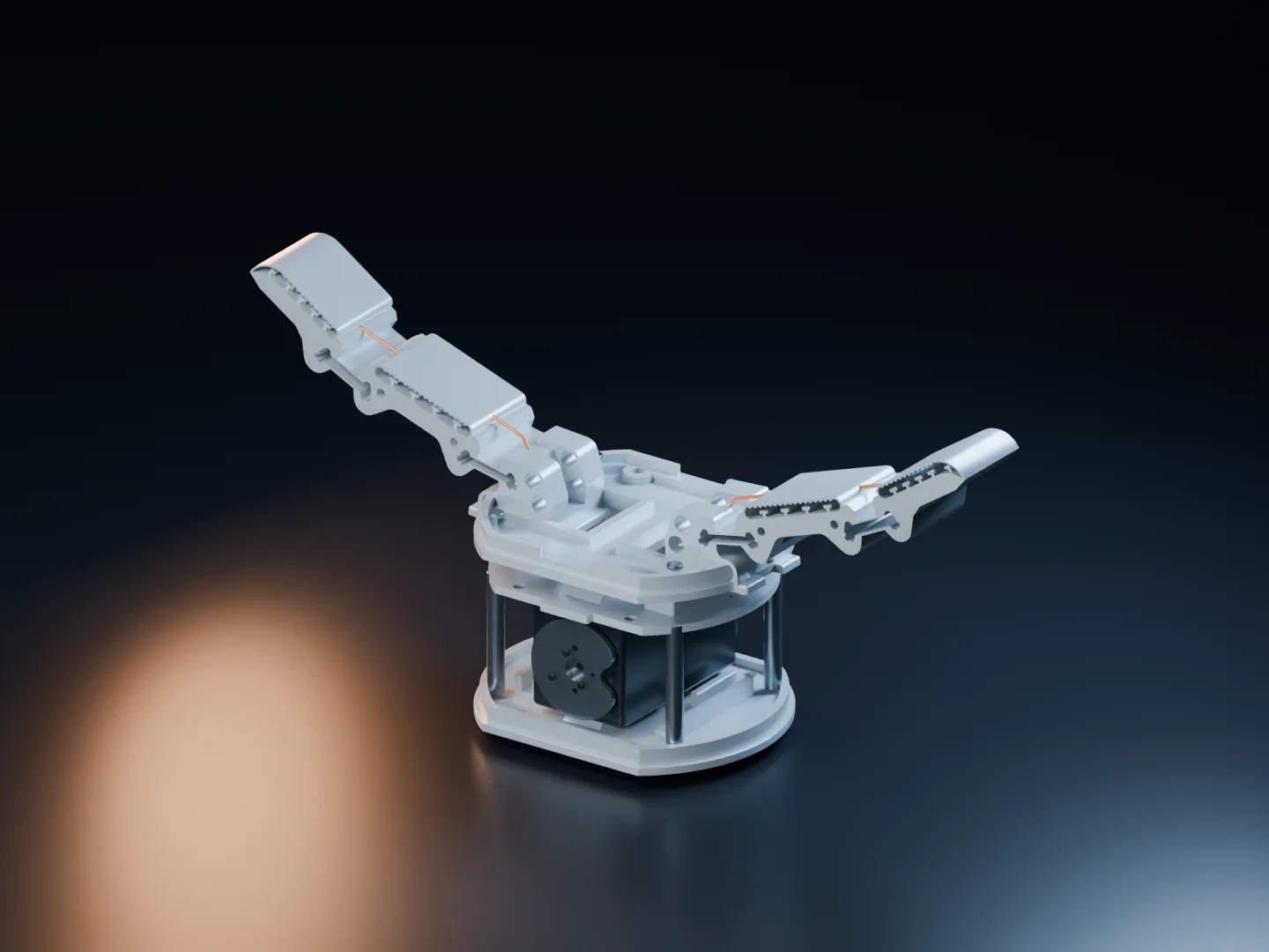 Yale OpenHand T42 fabrication CAD reconstructed into a dark studio scene with tendon-driven fingers.