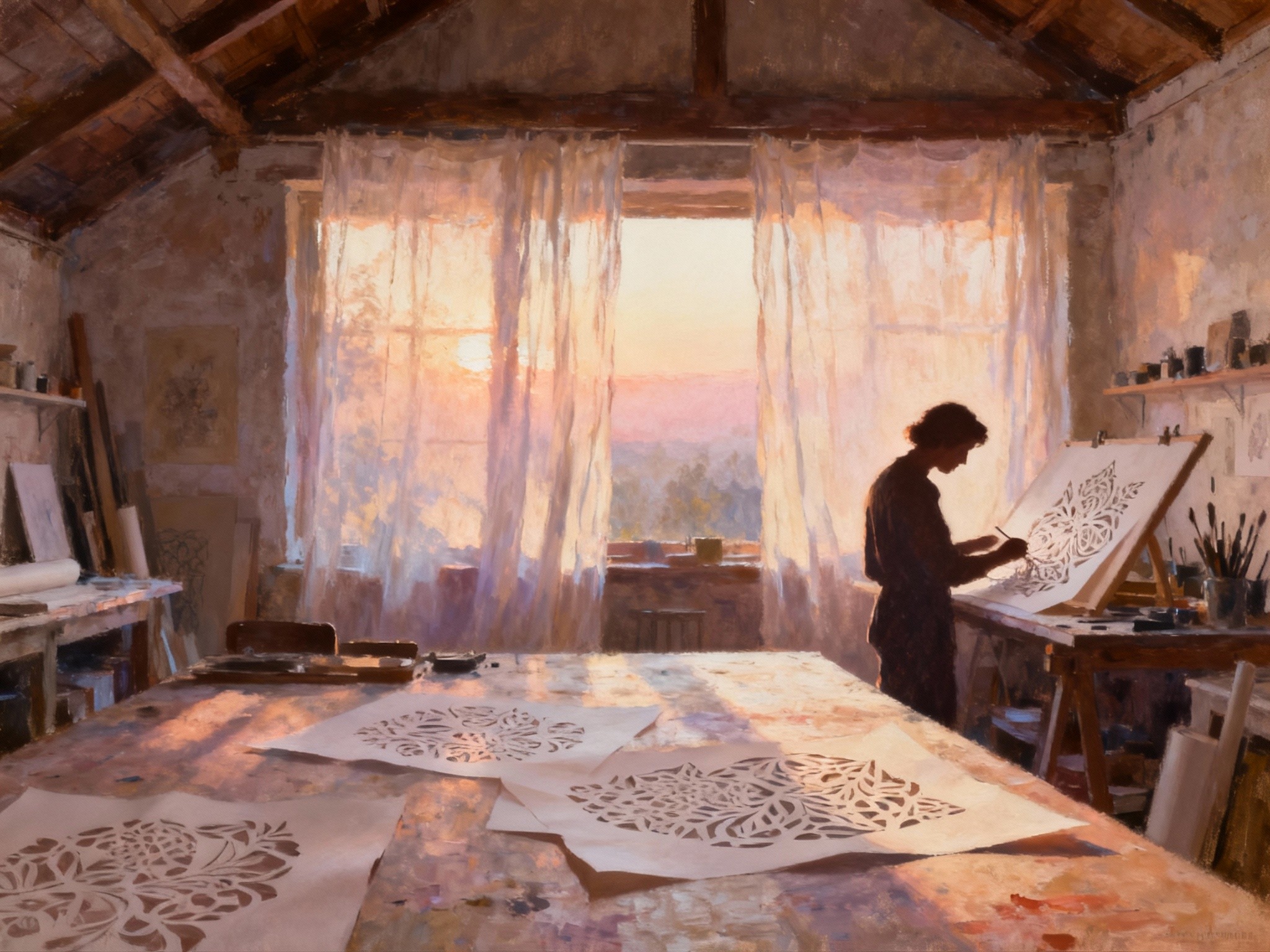 A panoramic illustration of a silhouette studio set in a rustic loft at dawn, featuring a solitary