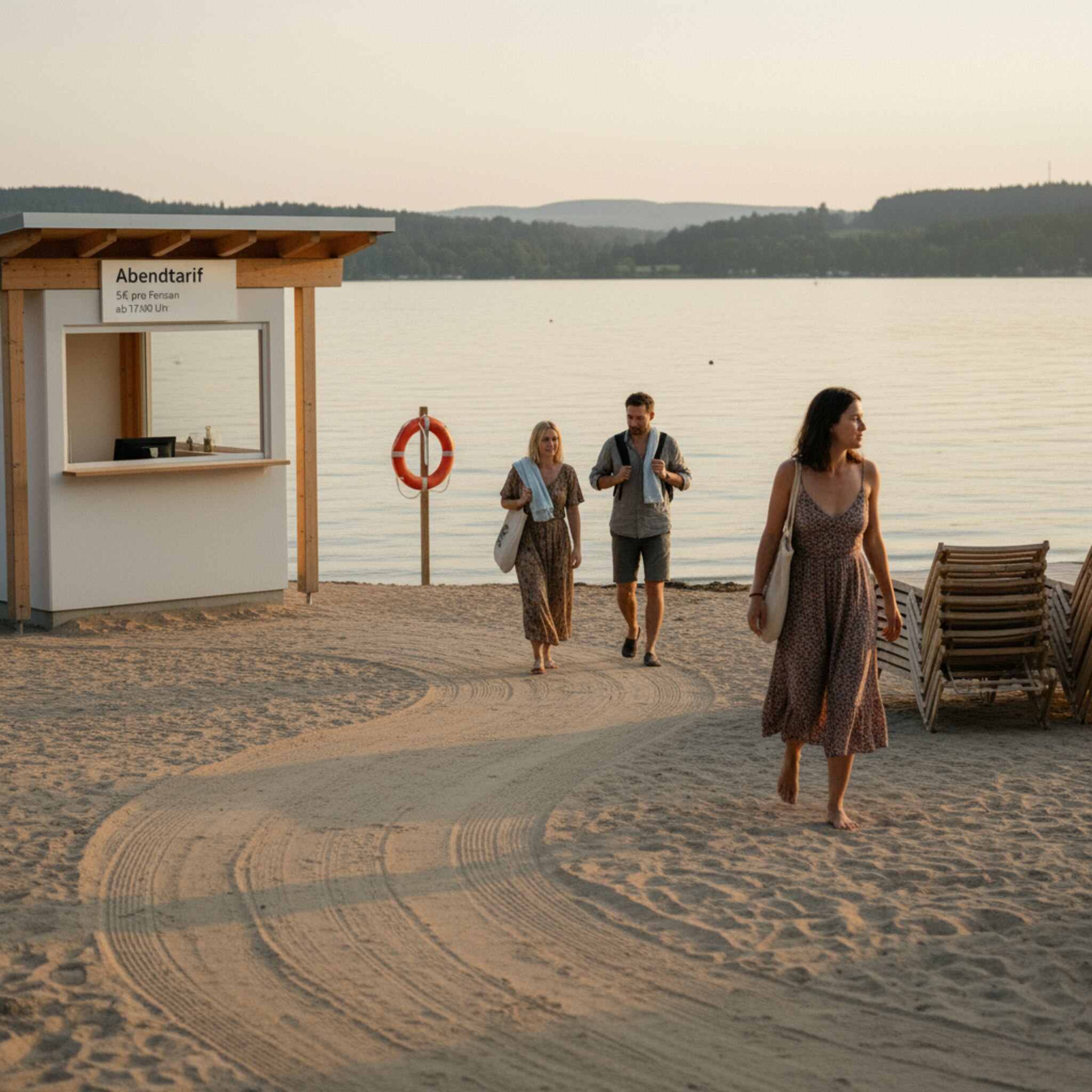 Am späten Nachmittag verlassen entspannte Gäste den Strand, die Kasse ist frei. Ein Schild am Pavillon weist auf den Abendtarif hin, die Stimmung ist warm und gelassen. Der See spiegelt goldenes Licht, alles wirkt geordnet.