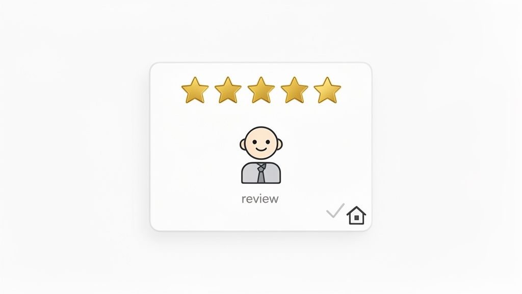 A white card showing a 5-star rating, a smiling user icon, and the word 'review' with a house symbol.