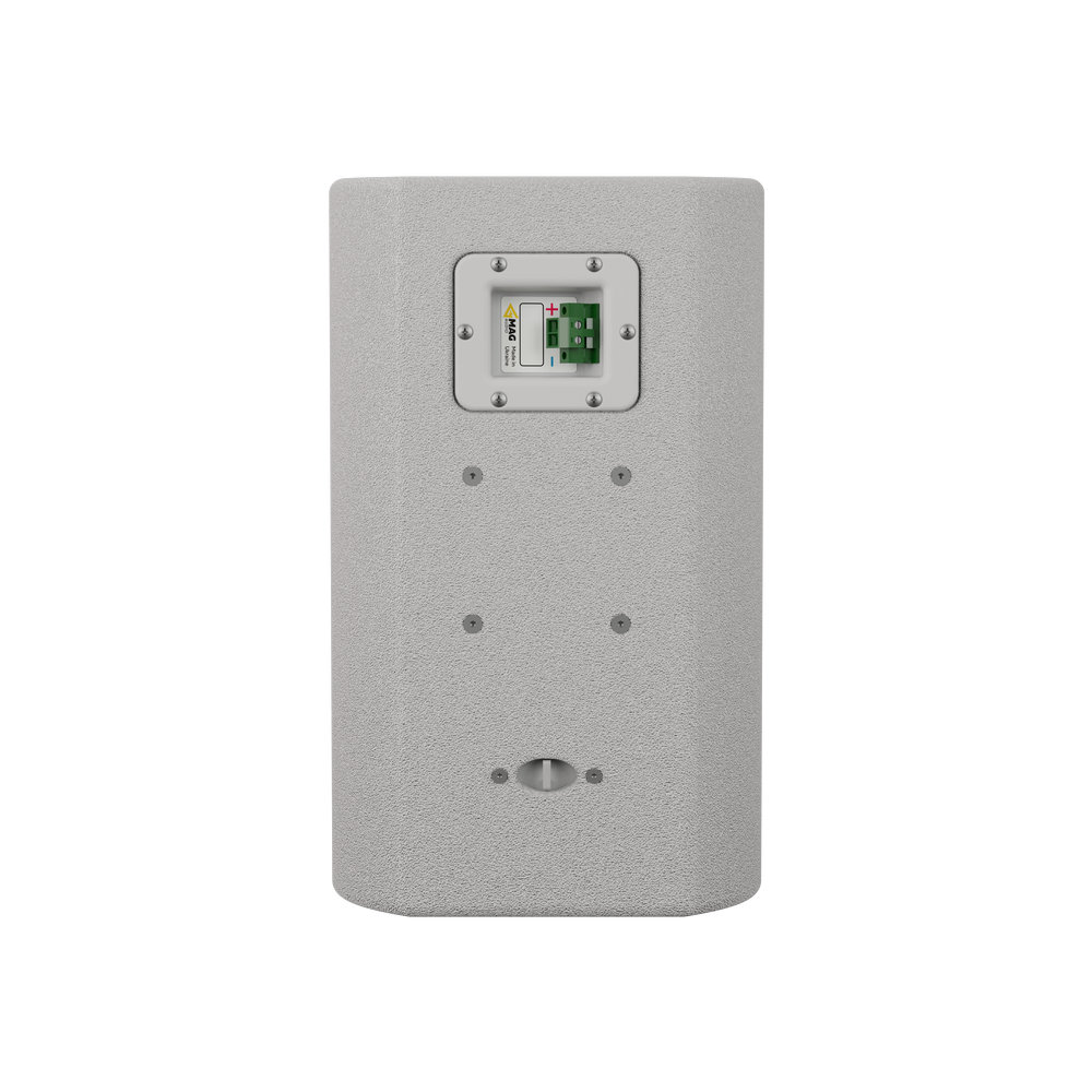 Back of white speaker with input terminals