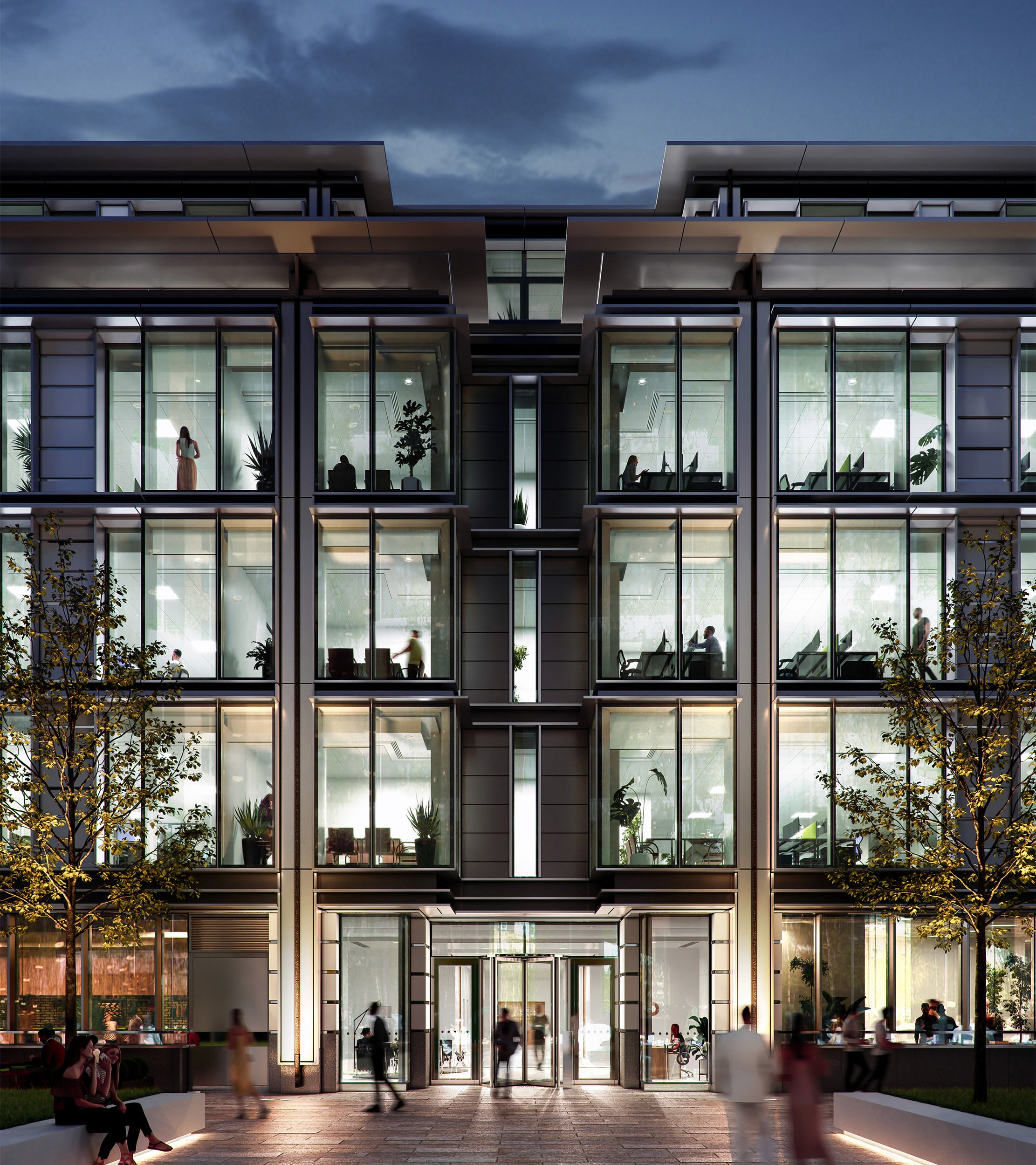 Architectural CGI render of modern office building facade.