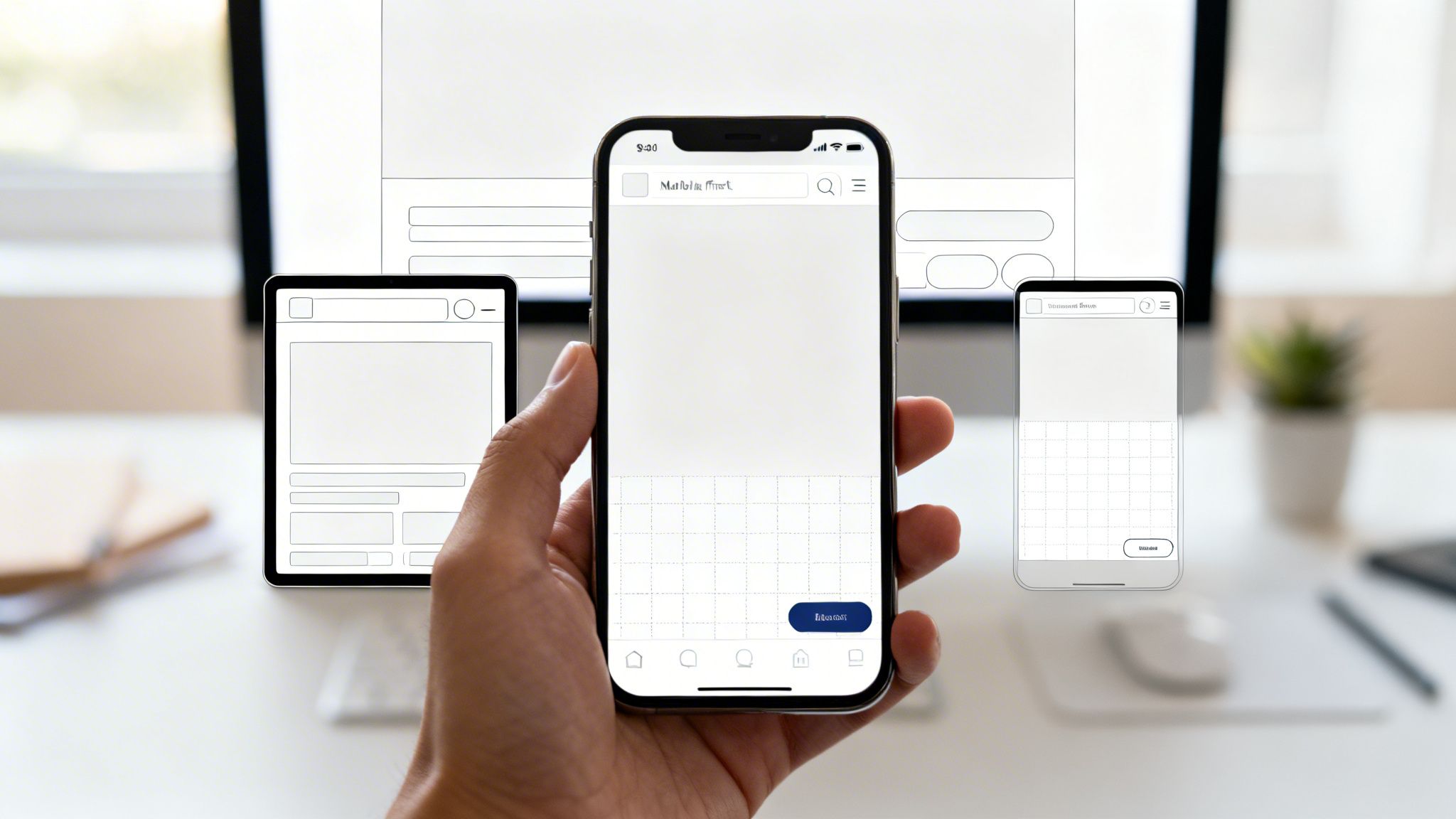 A hand holding a smartphone showing a UI wireframe, with other devices displaying design layouts.