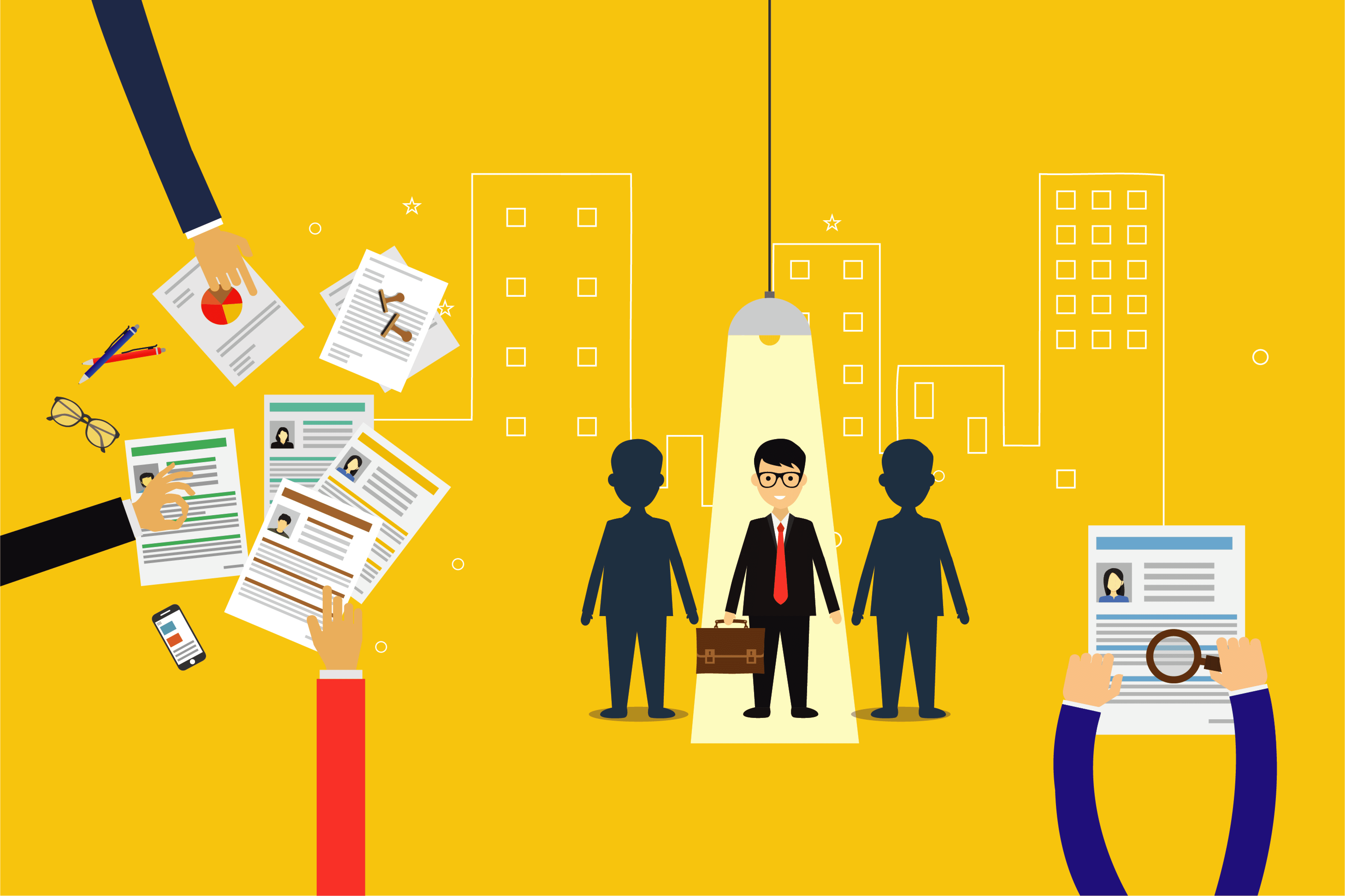 HR illustration with three people and one standing in a spotlight