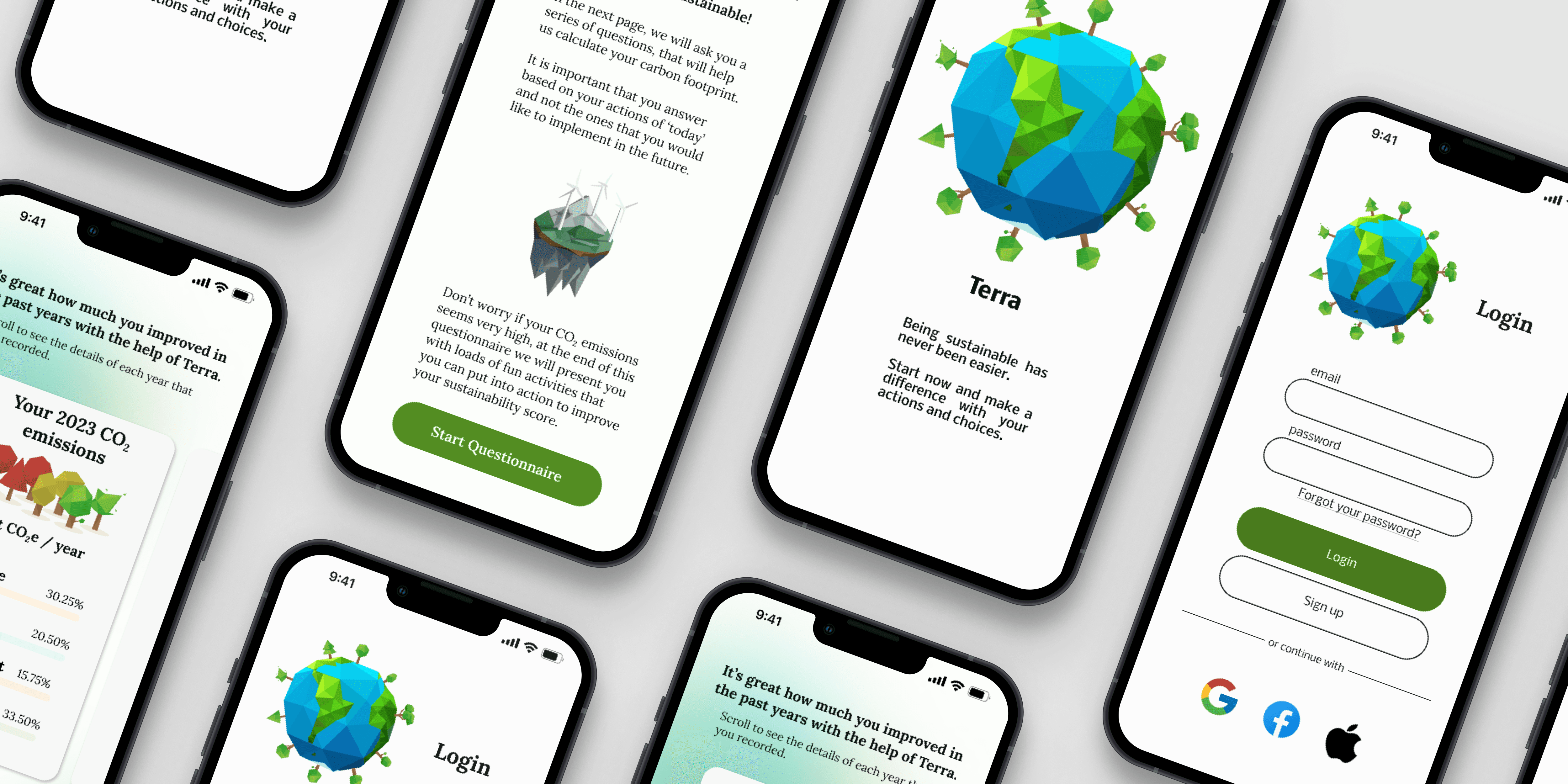 A series of screens showing the mock up of the app created. The screens mainly show the onboarding experience.