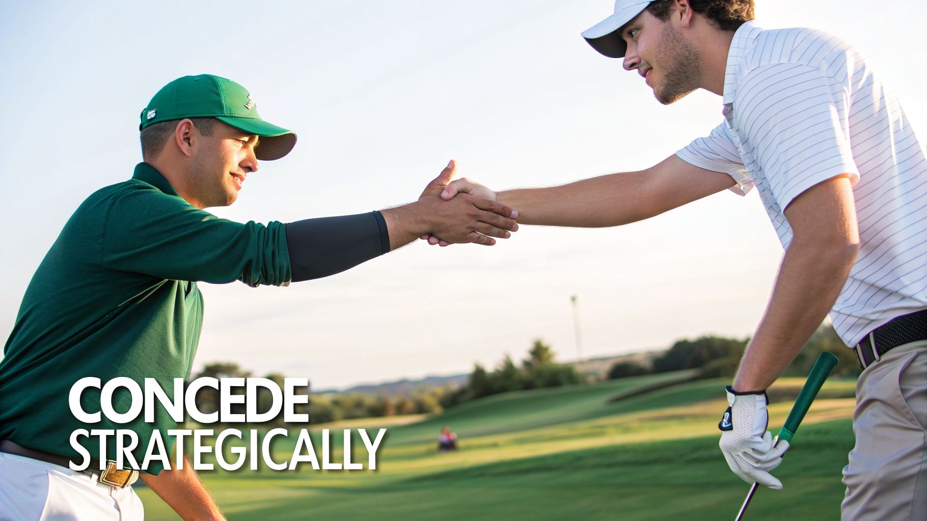 Two male golfers in caps and sportswear shake hands on a sunny green golf course.