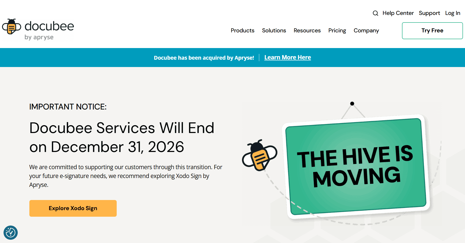 Homepage screenshot of Docubee by Apryse announcing that Docubee services will end on December 31, 2026, with a recommendation to explore Xodo Sign.