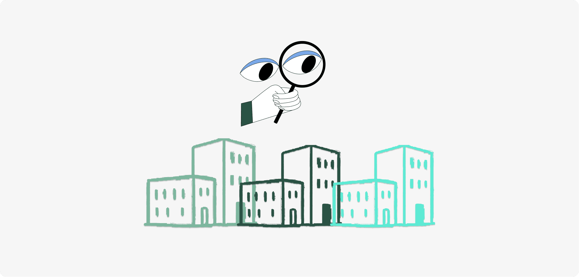 Choosing the right hair transplant clinic, a magnifying glass over 3 illustrated clinics.