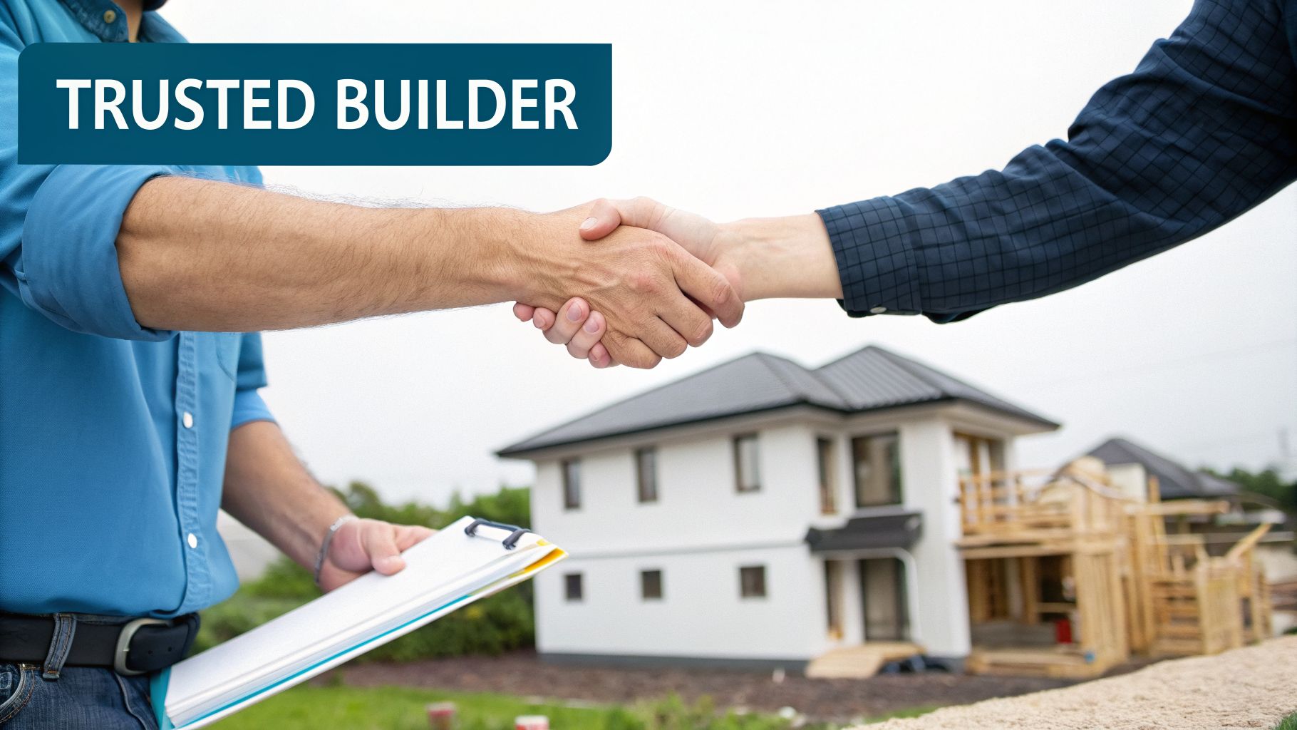 Contractor and client shaking hands in front of new homes under construction, with text 'Trusted Builder'.